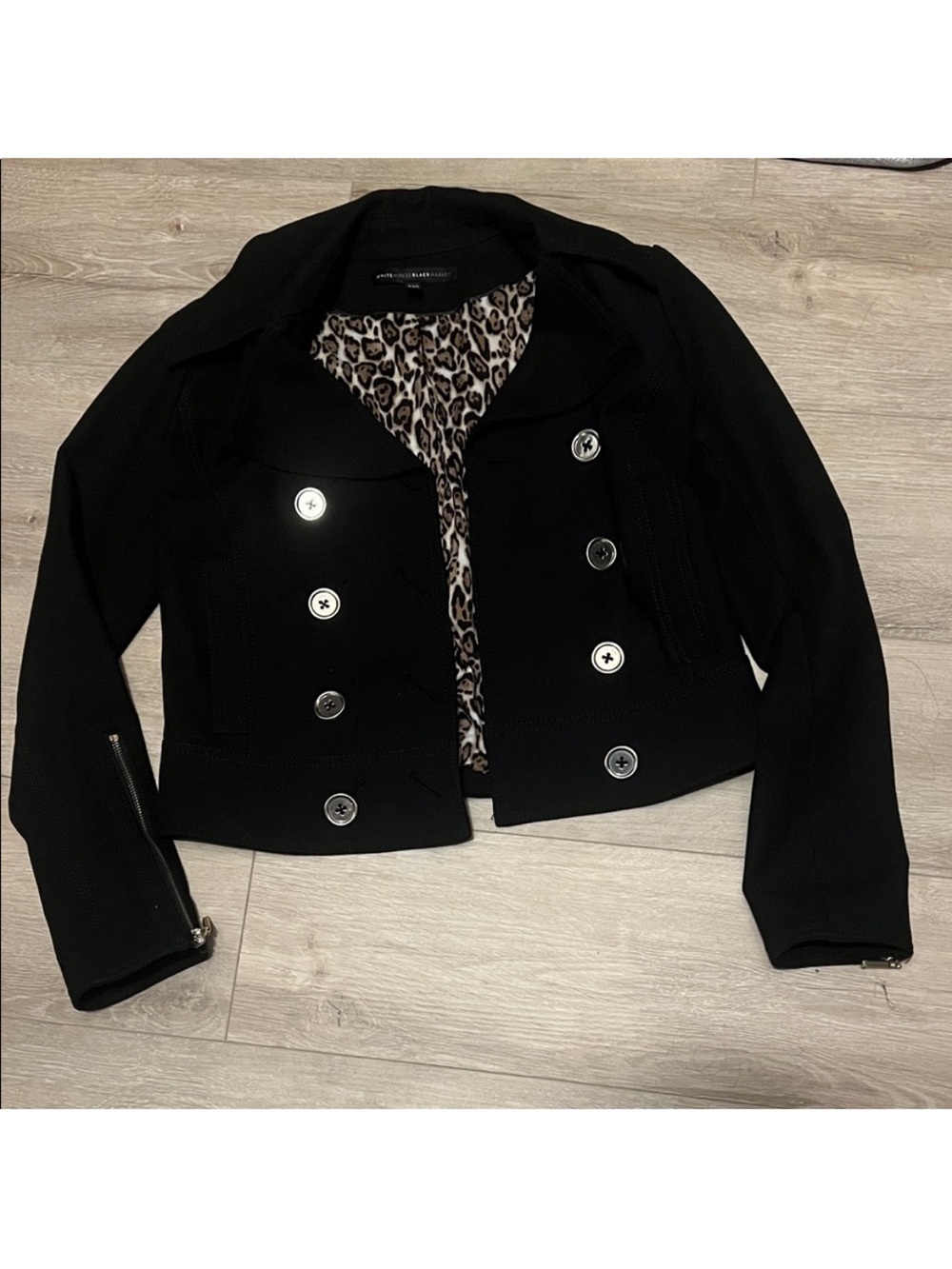 White House Black Market Black Double-Breasted Blazer with Leopard Lining